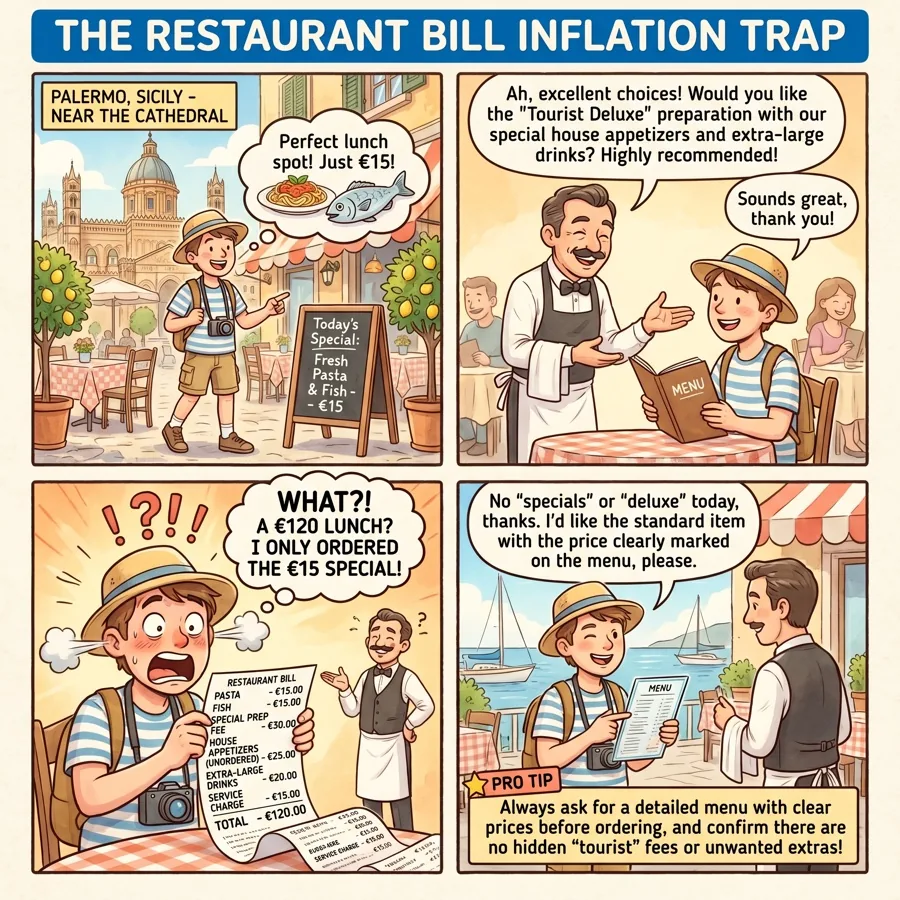The Restaurant Bill Inflation Trap — comic illustration