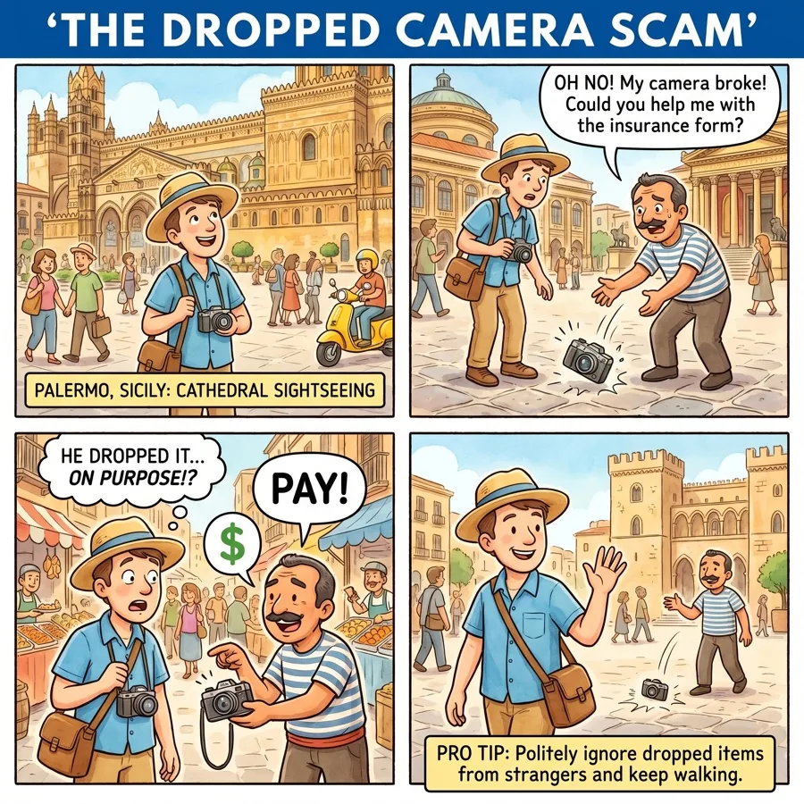 The Dropped Camera Scam — comic illustration