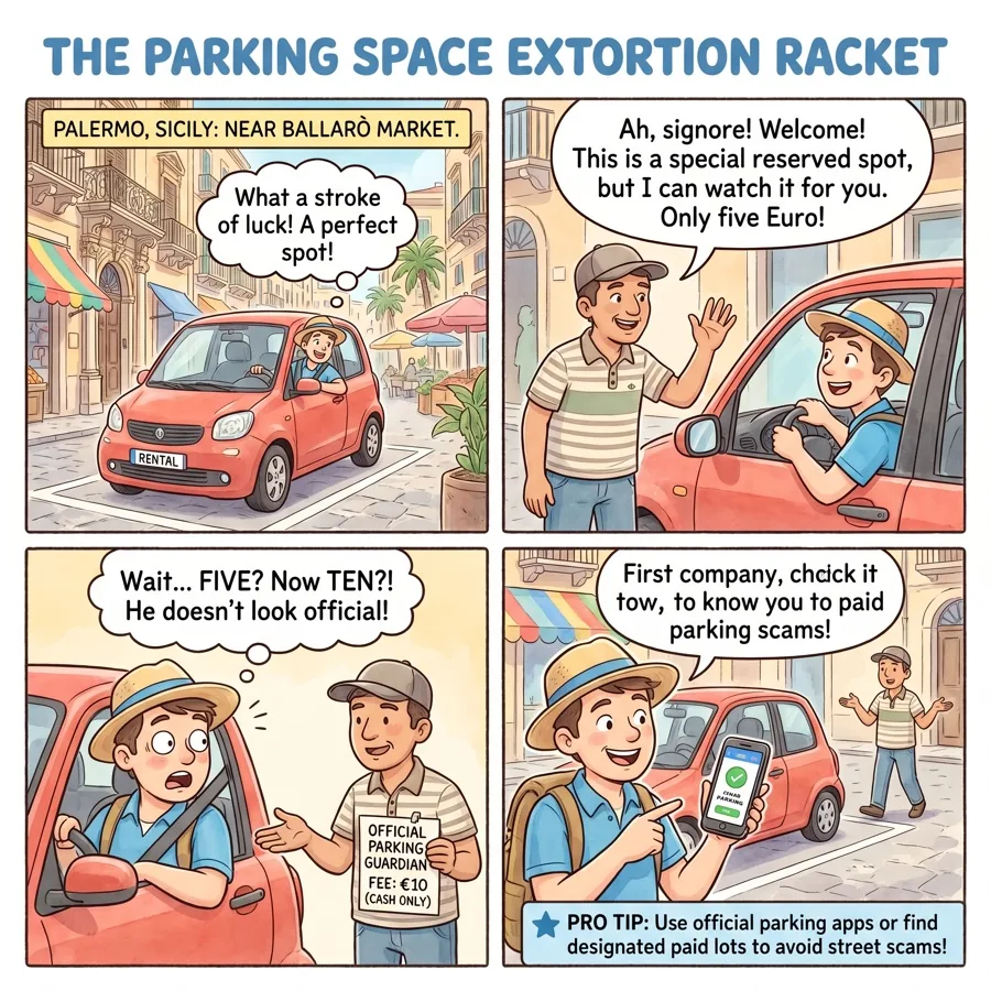 The Parking Space Extortion Racket — comic illustration