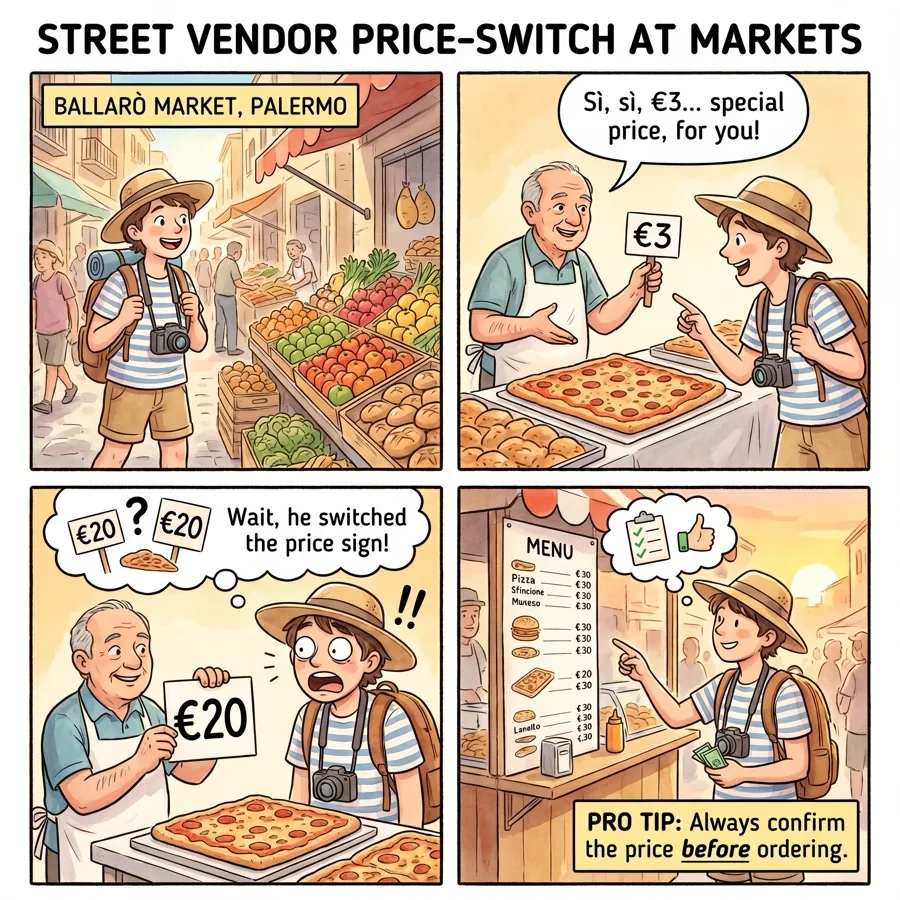 Street Vendor Price-Switch at Markets — comic illustration
