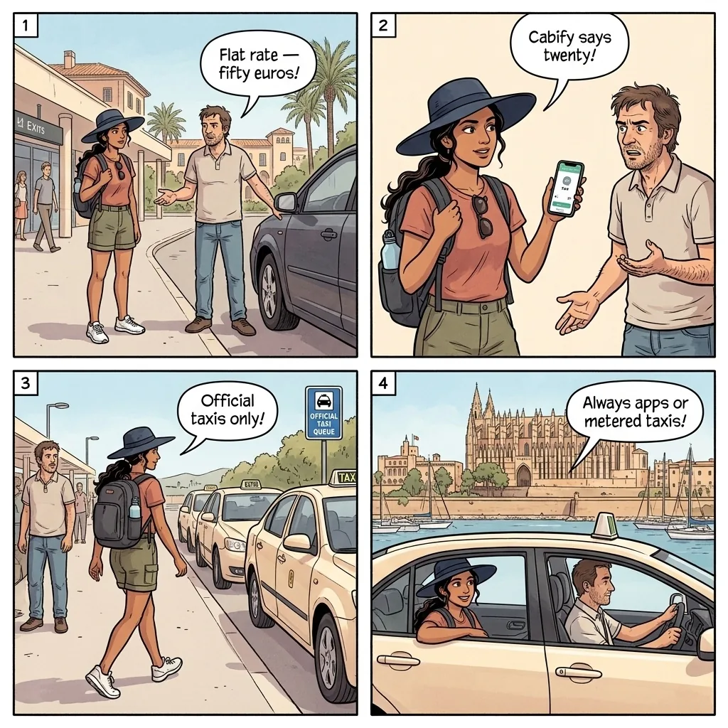 Palma Airport & Port Taxi Overcharge — comic illustration