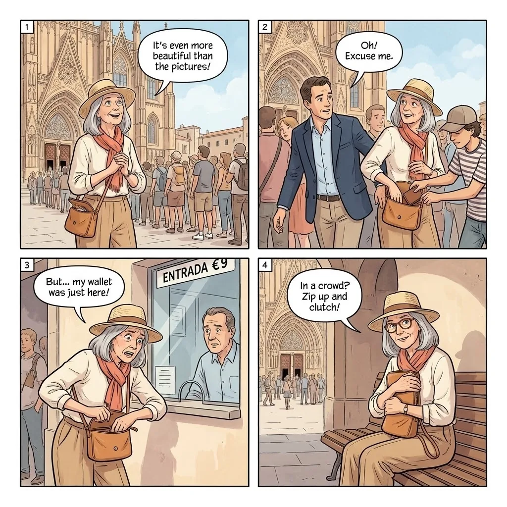 Palma Old Town & Cathedral Pickpockets — comic illustration