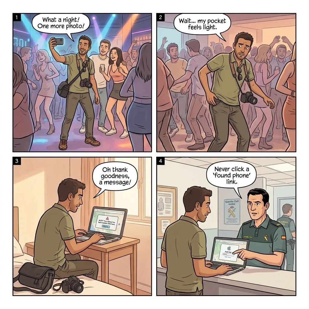 El Arenal / Magaluf Beach & Nightlife Phone Theft — comic illustration
