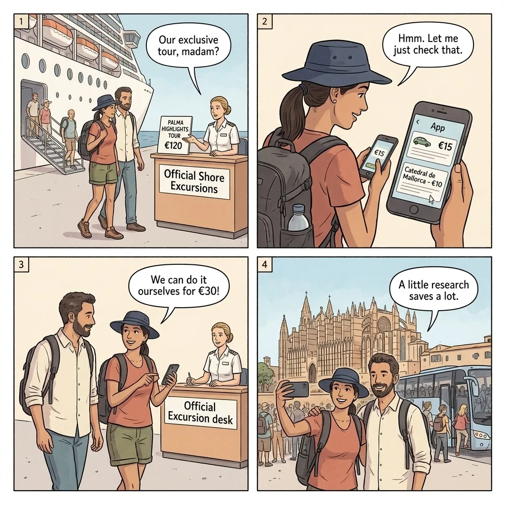 Cruise Excursion Overcharge & 'Exclusive' Shore-Tour Packages — comic illustration