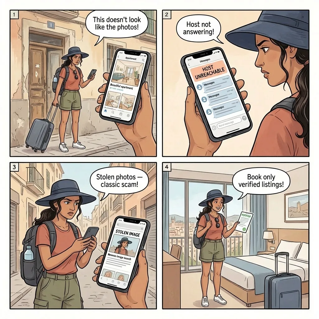 Palma Short-Term Rental & Airbnb Booking Fraud — comic illustration
