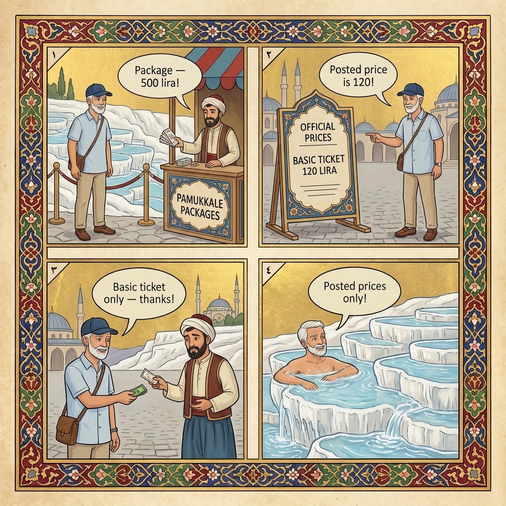 Pamukkale North Gate Ticket Booth Bundling Scam — comic illustration