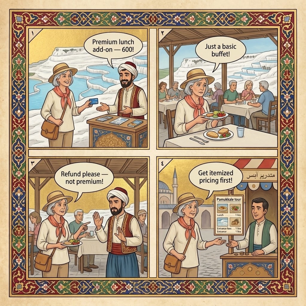 Pamukkale Day-Trip Tour Bundled Shopping Stops — comic illustration