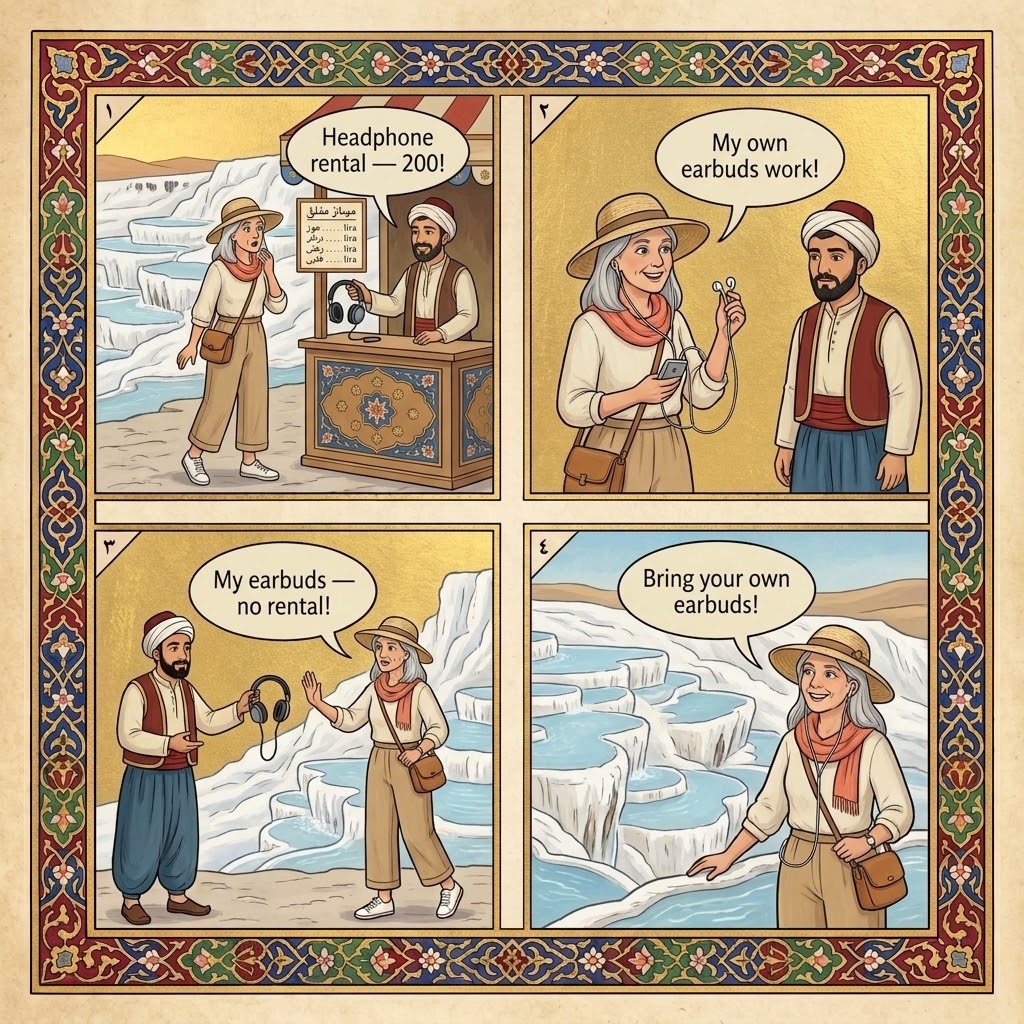 Pamukkale Audio Guide & Headphone Rental Trick — comic illustration