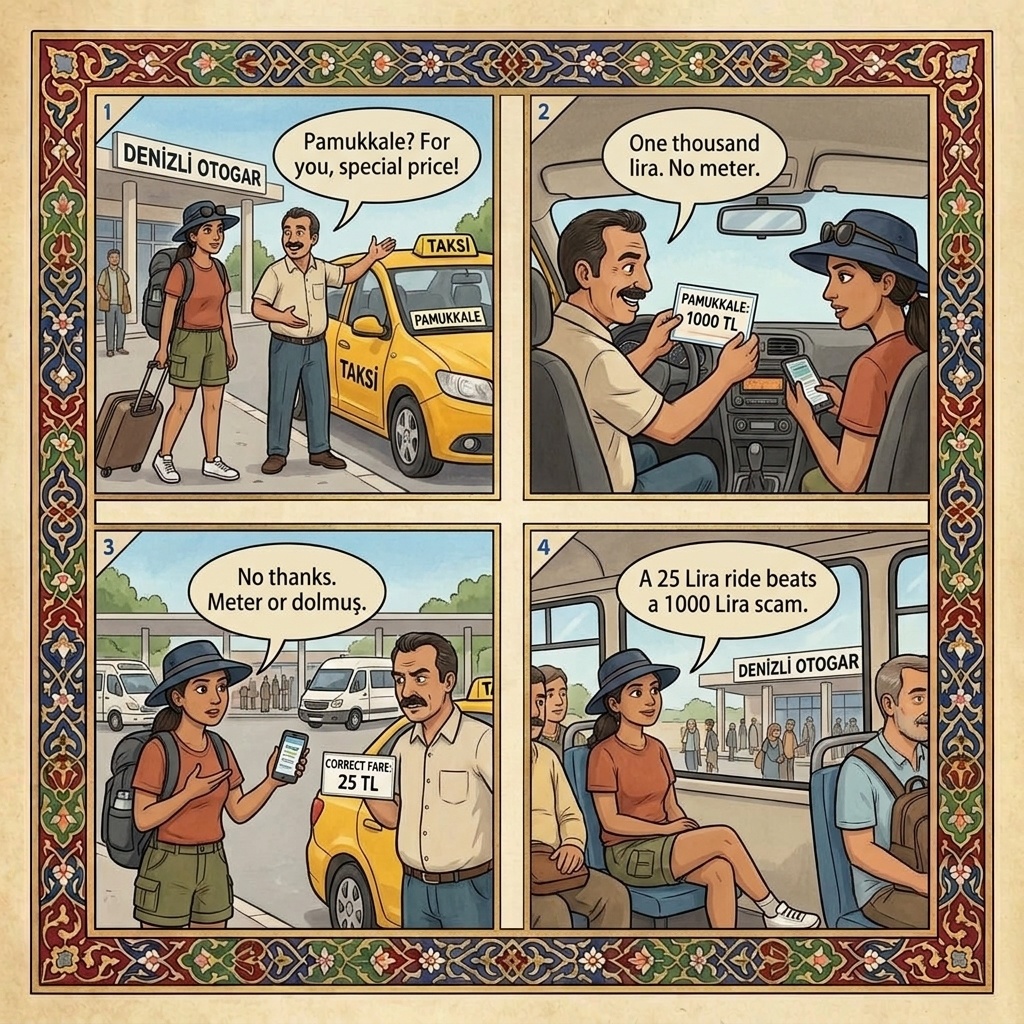 Denizli Otogar to Pamukkale Taxi Overcharge — comic illustration
