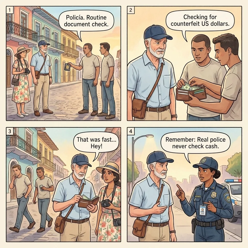 Fake Police Document Check — comic illustration