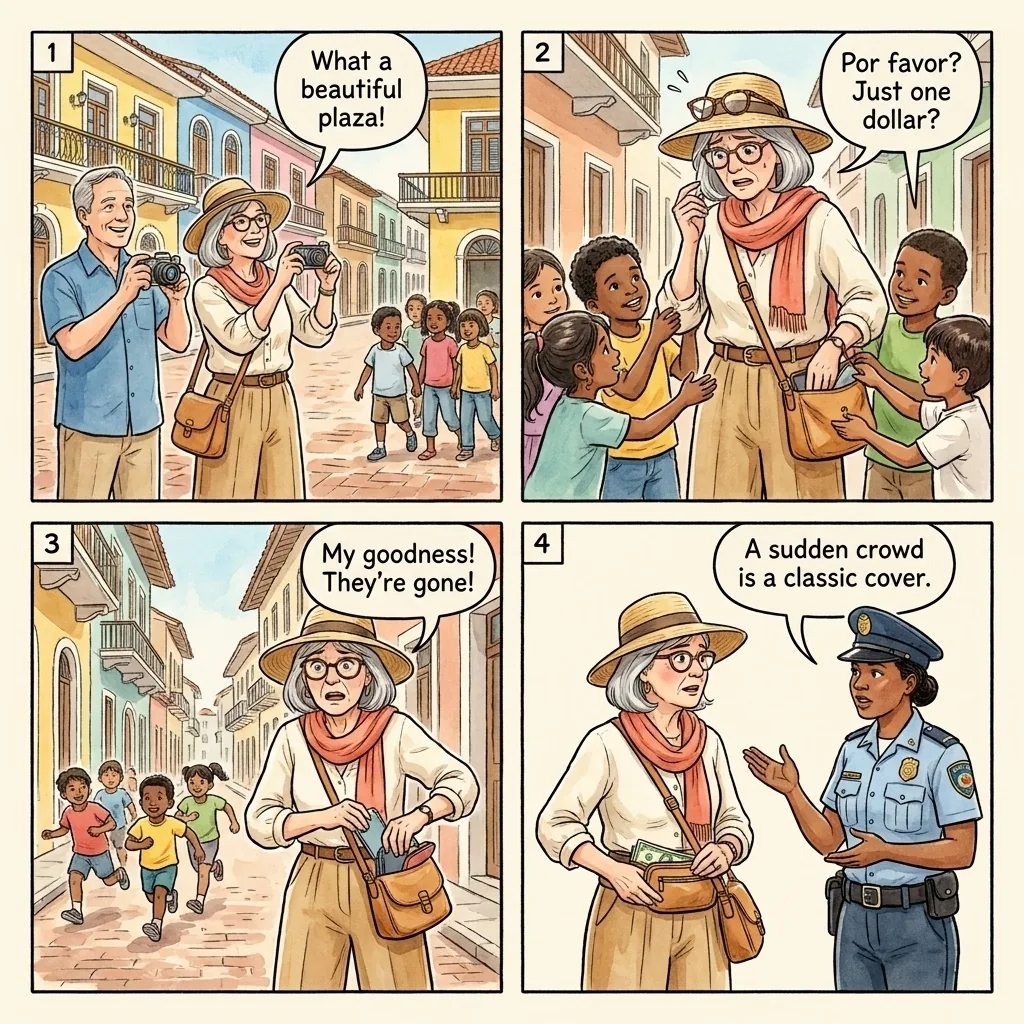 Casco Viejo Distraction Pickpocketing — comic illustration