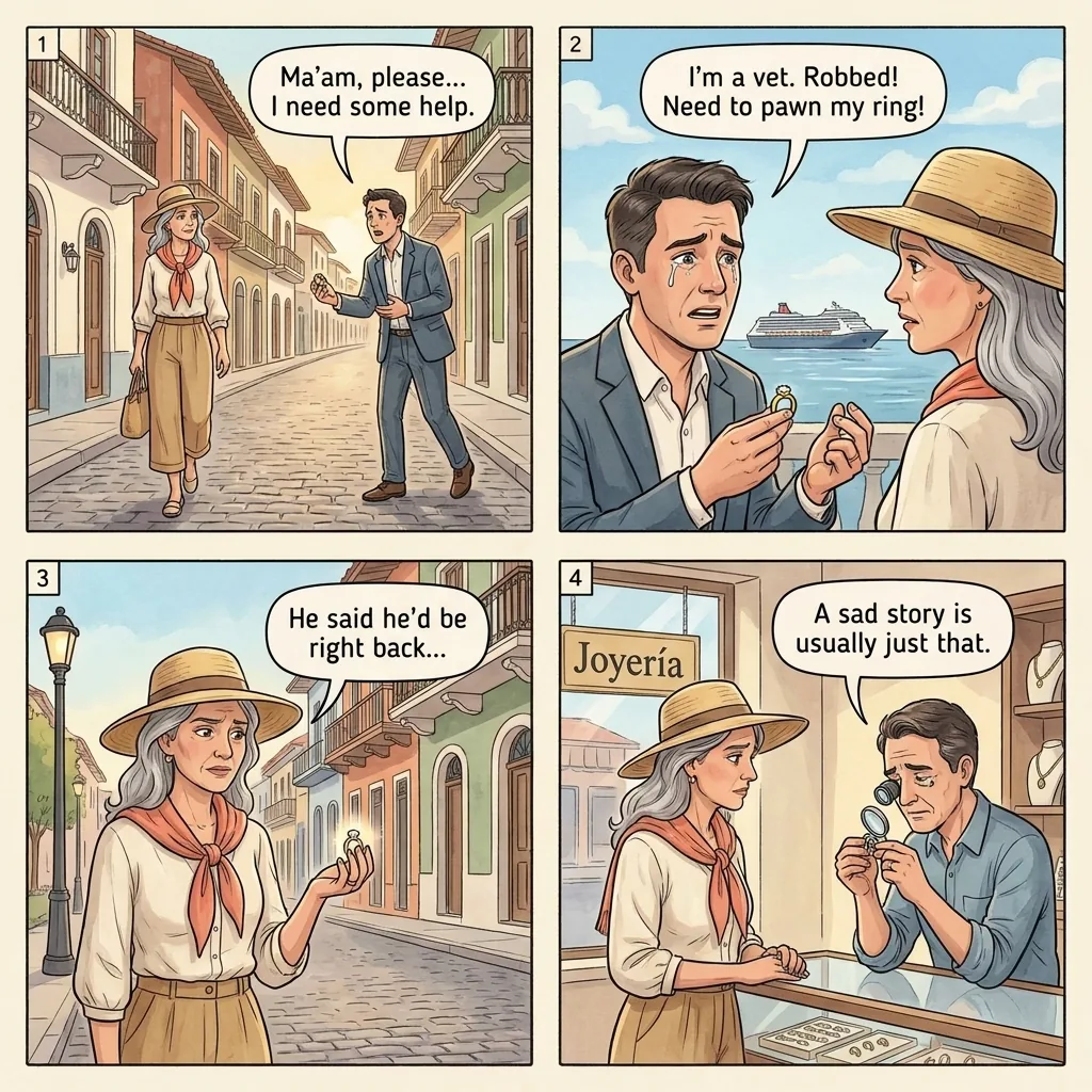 Wedding Ring Pawn Shop Scam — comic illustration
