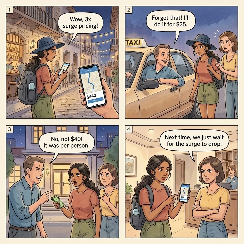 Ride-Share Surge Price Manipulation — comic illustration