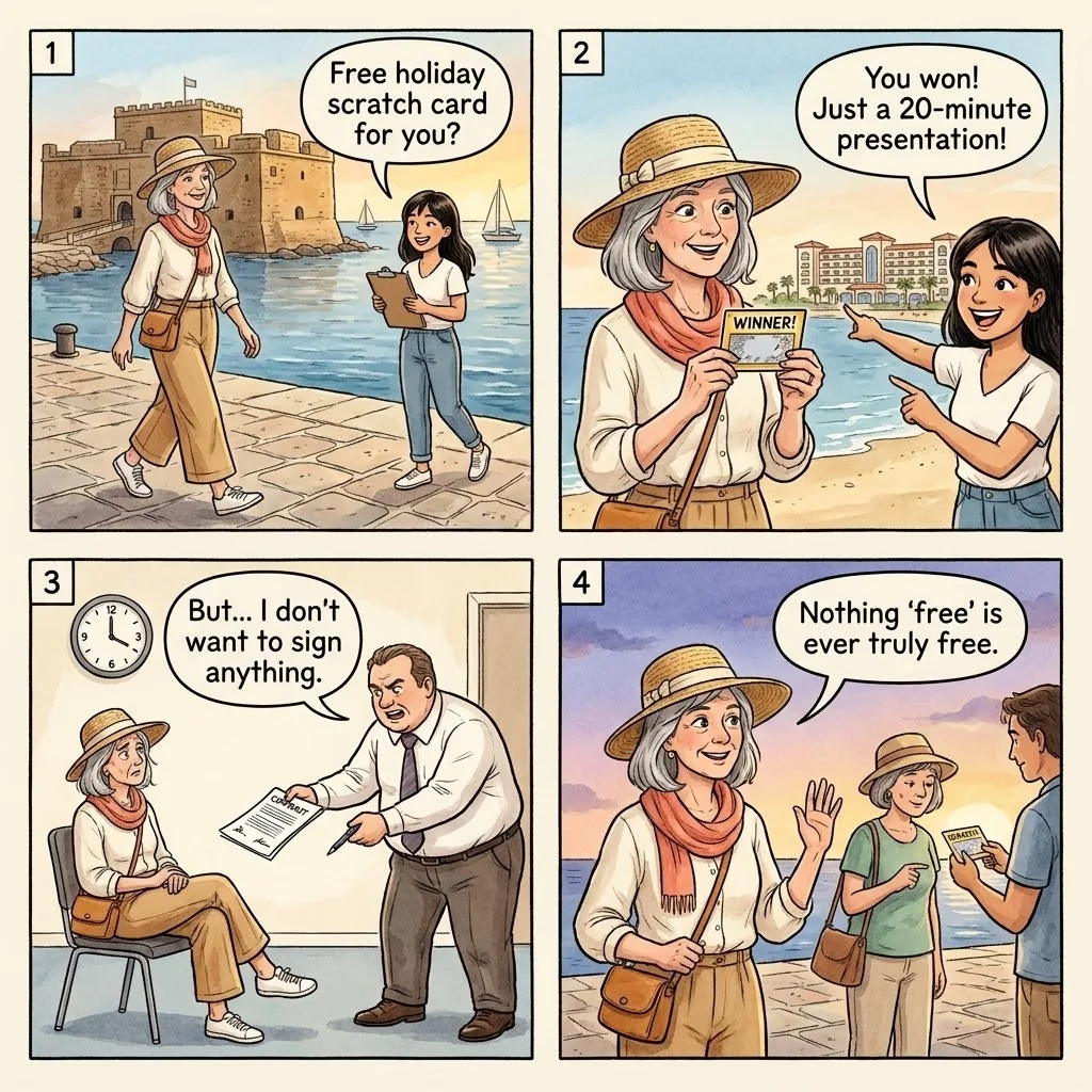 The Timeshare Hustler Trap — comic illustration
