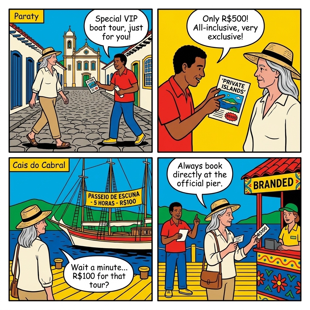 Paraty Schooner Boat-Tour Beach-Hopping Overcharge & Unsafe Operators — comic illustration