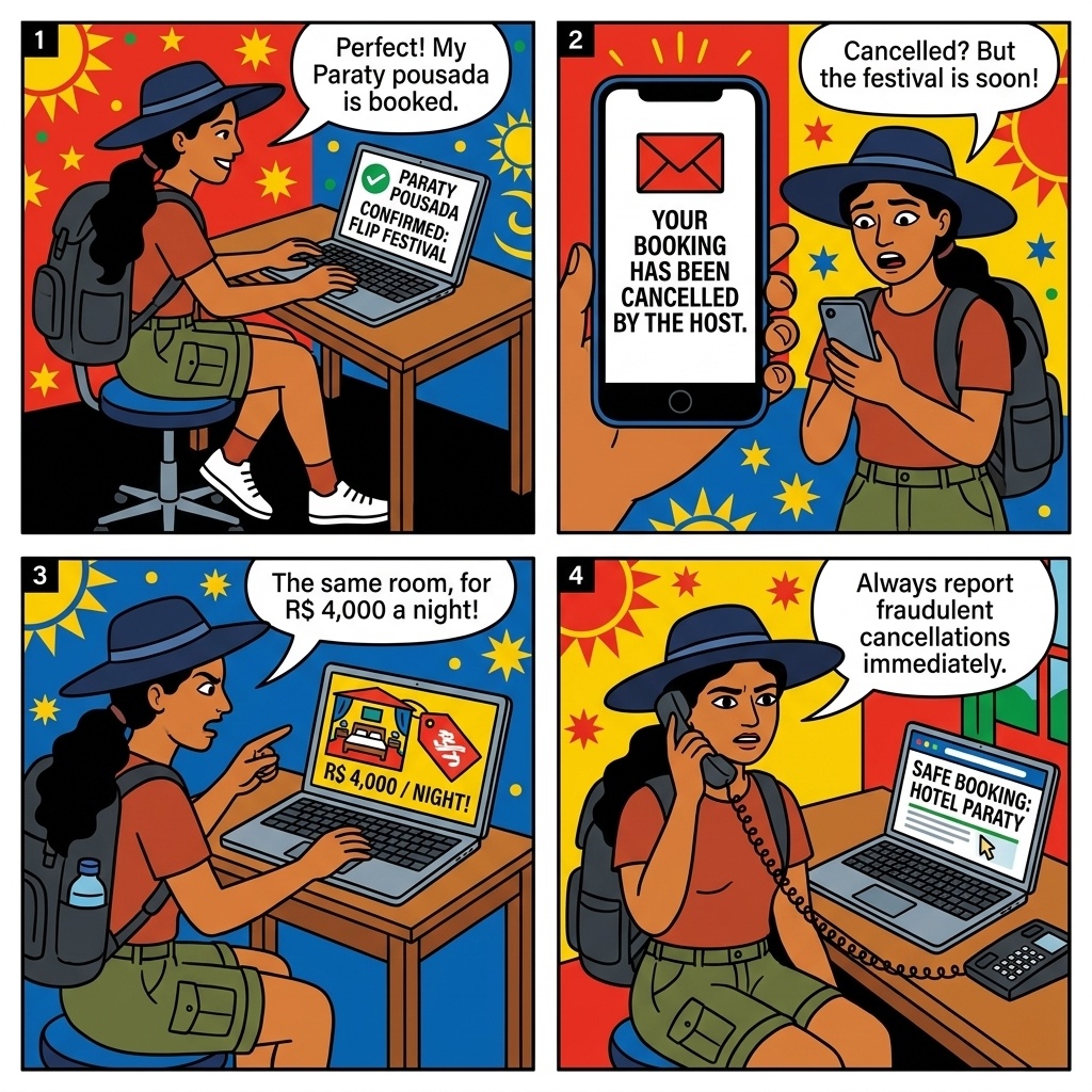 Paraty Pousada Carnaval & FLIP Festival Cancel-and-Relist Fraud — comic illustration