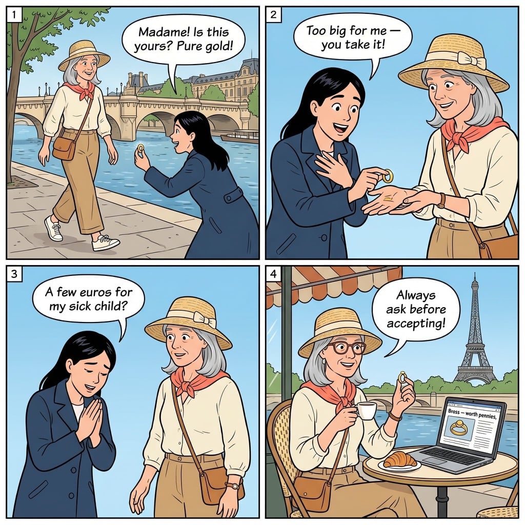 The Gold Ring Trick — four-panel comic illustration showing the pick-up, the hand-off, the sob story, and the walk-away