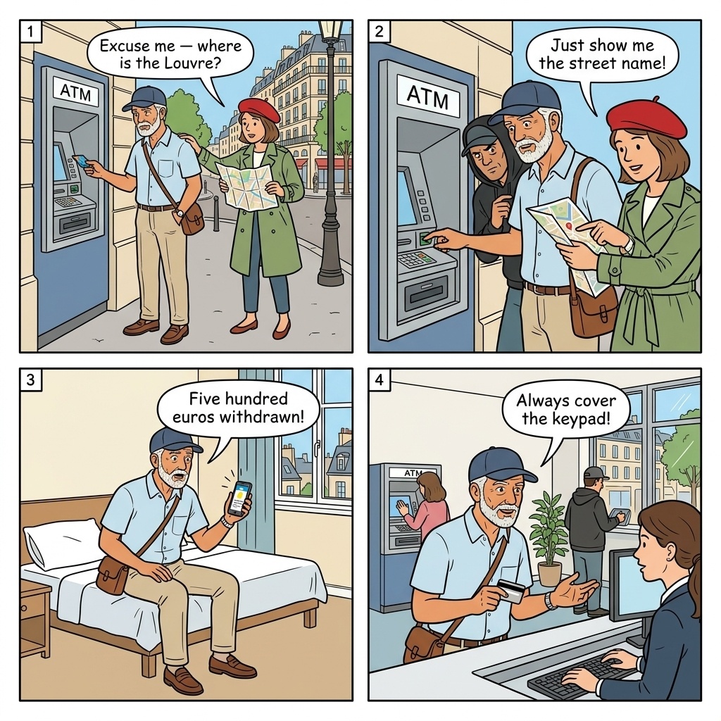 Paris Champs-Élysées ATM skimming comic, tourist at standalone ATM while a man approaches with a dropped bill and an accomplice watches from across the plaza