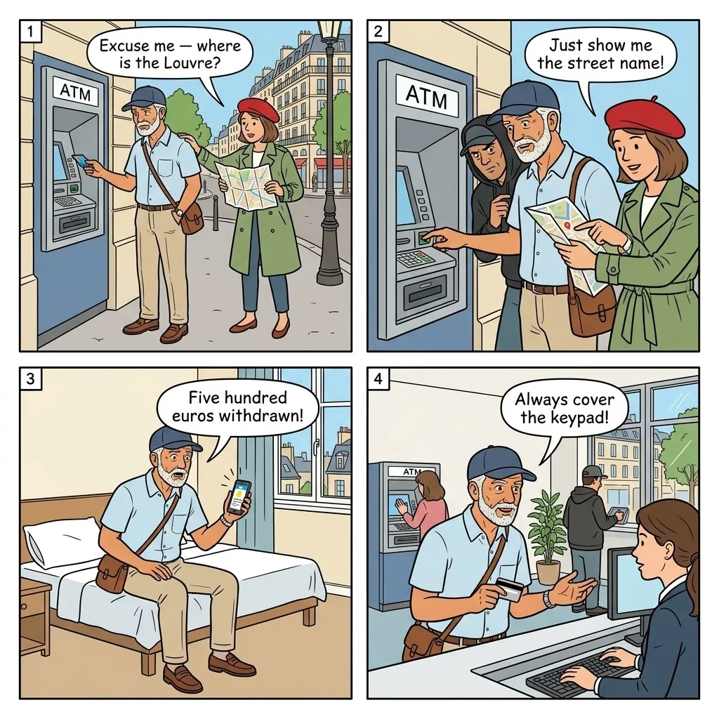 ATM Distraction & Skim — comic illustration