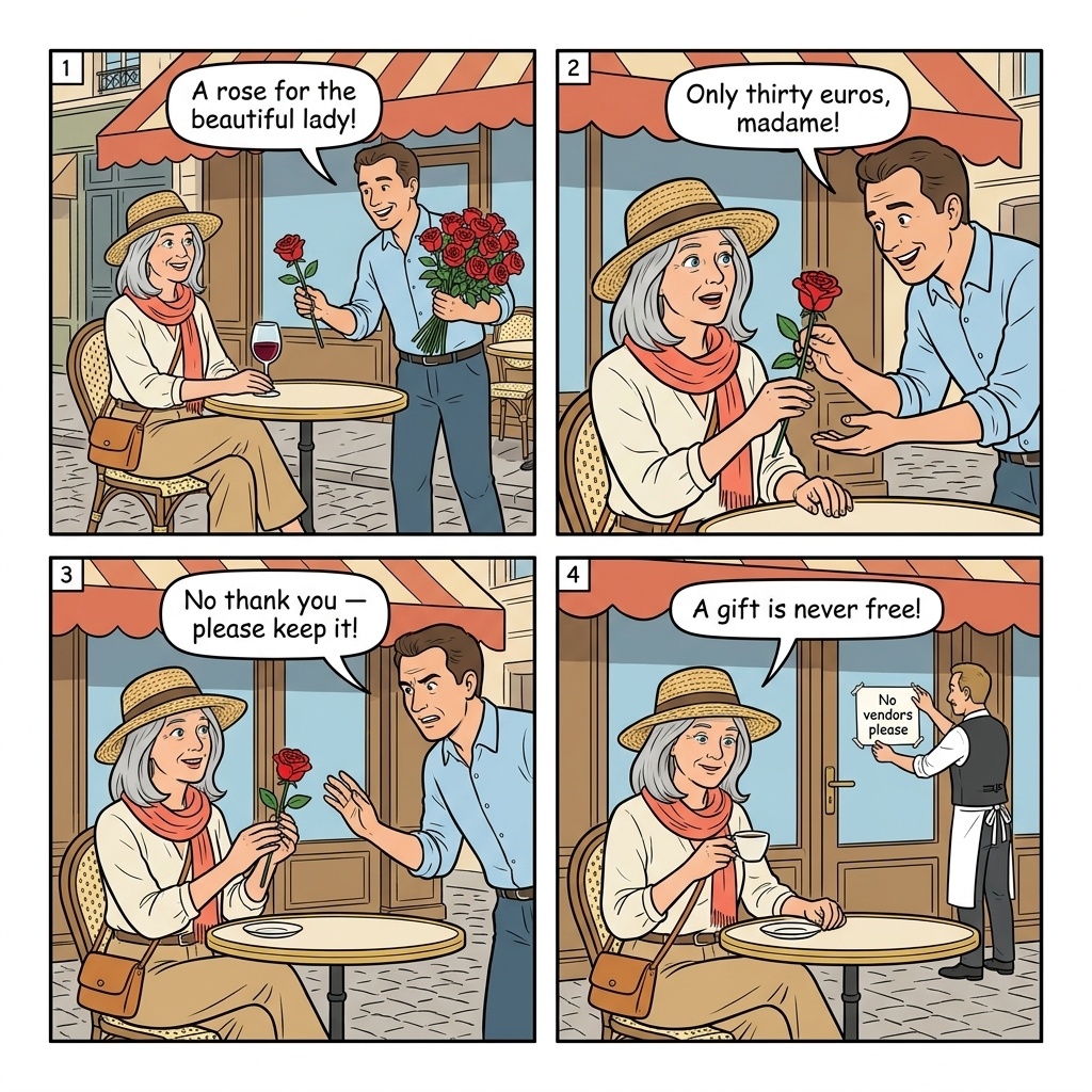 Paris Saint-Michel terrace restaurant comic, tourist couple at outdoor café reading bill while waiter waits, Notre-Dame visible in background