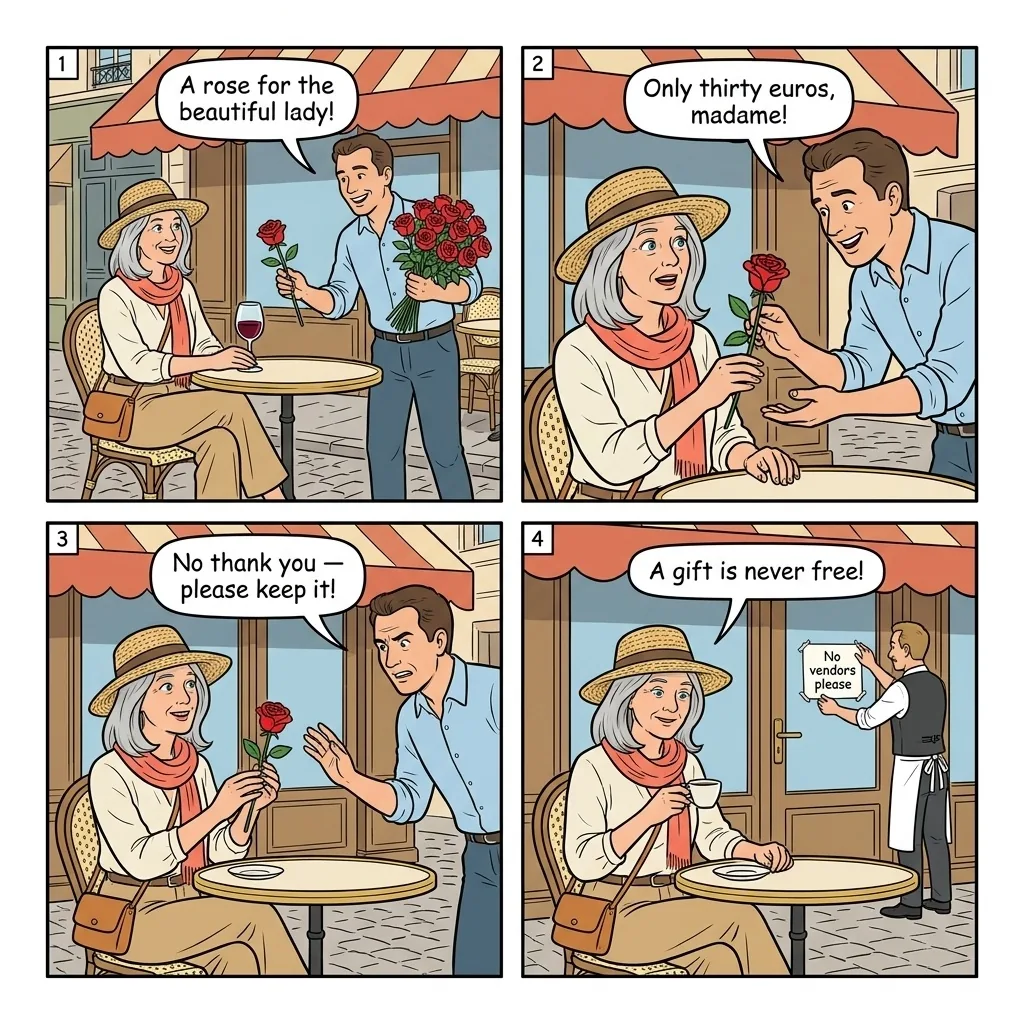 Rose Seller Restaurant Shakedown — comic illustration