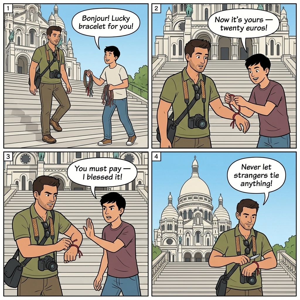 Paris Eiffel Tower-adjacent cafe comic, tourist couple at terrace facing the tower with espresso priced at 9 EUR and water at 8 EUR