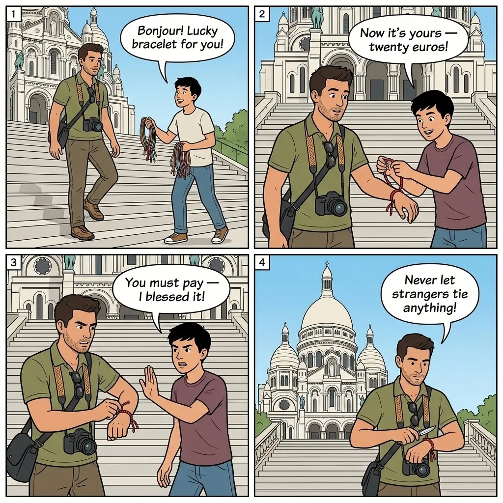 Friendship Bracelet Scam — comic illustration