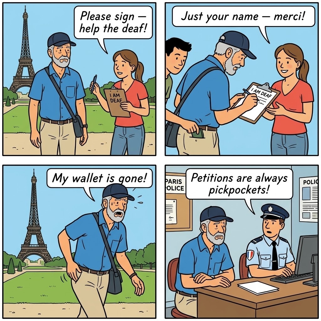 Paris Sacre-Coeur friendship bracelet comic, tourist couple climbing the rue Foyatier stairs while two men approach with colored strings extended toward the wrist