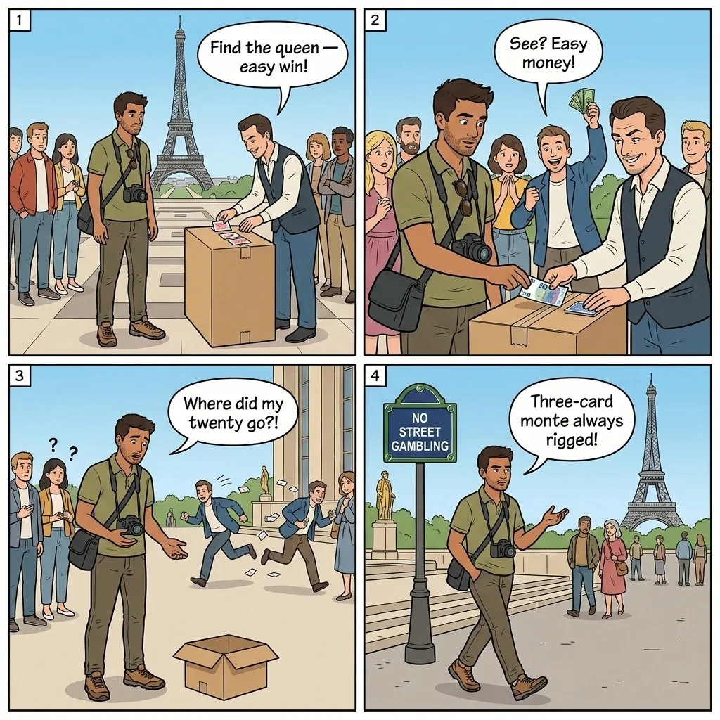 Three-Card Monte / Shell Game — comic illustration