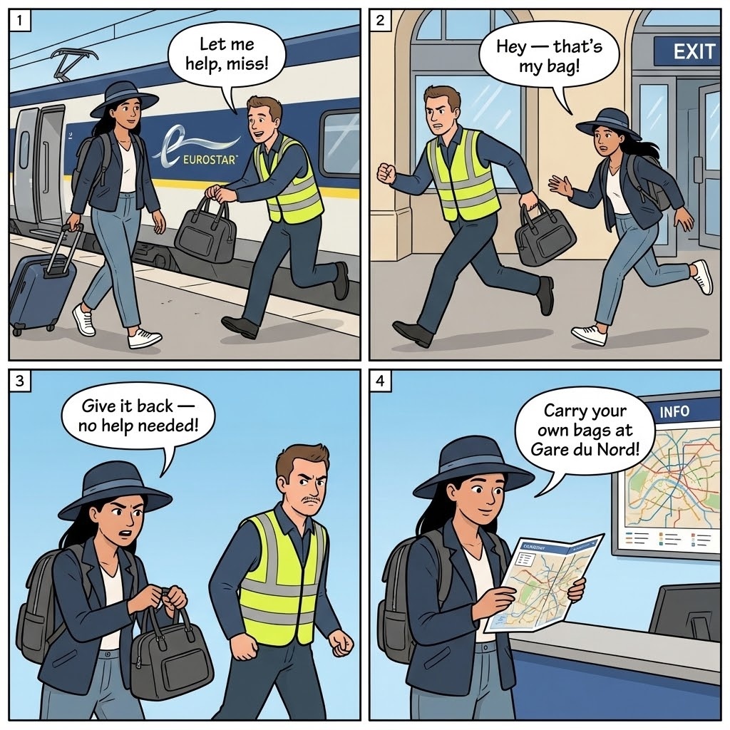 Paris Louvre fake skip-the-line ticket comic, tourist with phone showing a clone Louvre ticket page beside the Pyramide entrance