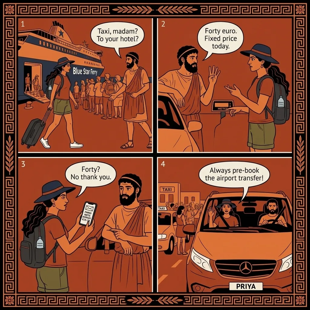 Parikia Port & Naoussa Taxi Overcharge — comic illustration