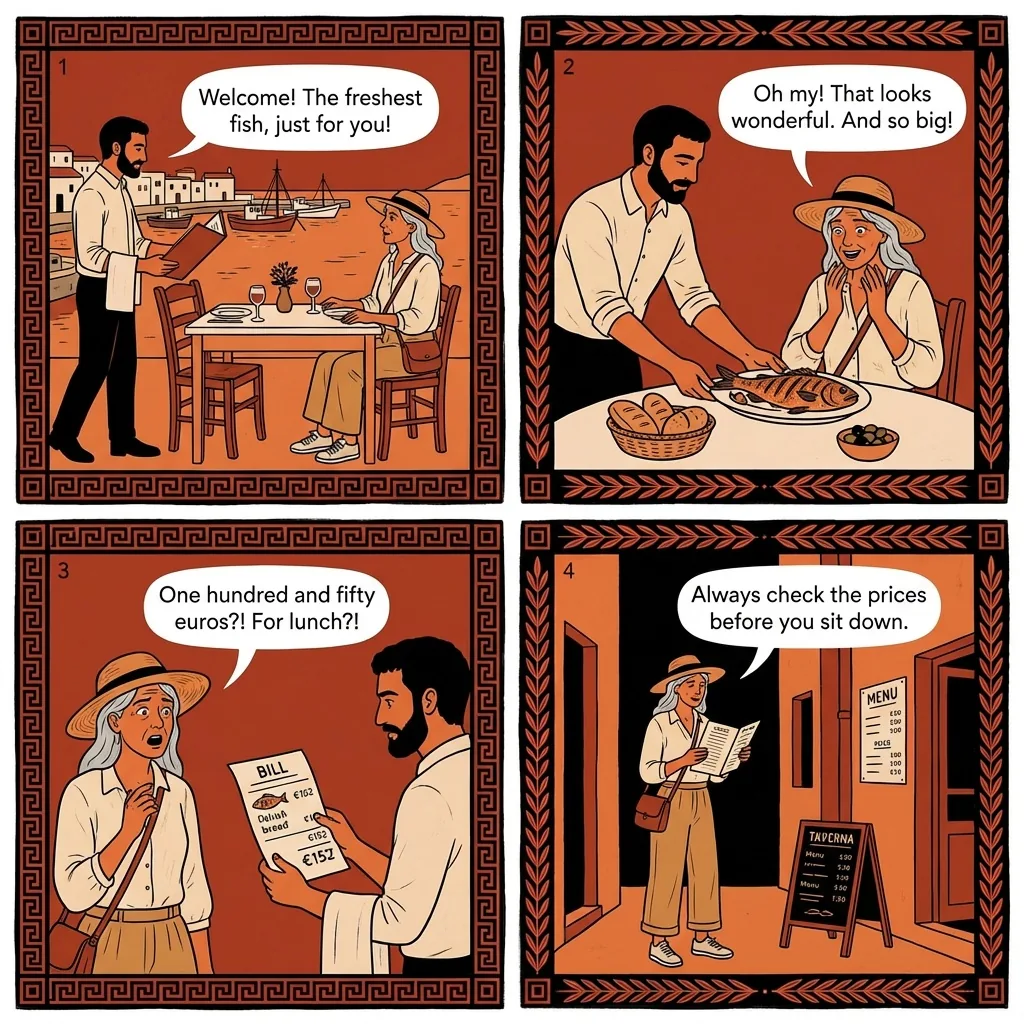 Naoussa Waterfront & Old Port Restaurant Overcharge — comic illustration