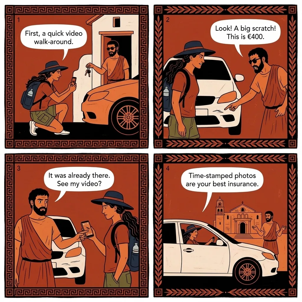 Paros Rental Car & ATV Damage Claims — comic illustration