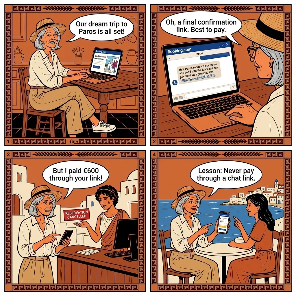 Hotel Off-Platform Payment Fraud — comic illustration