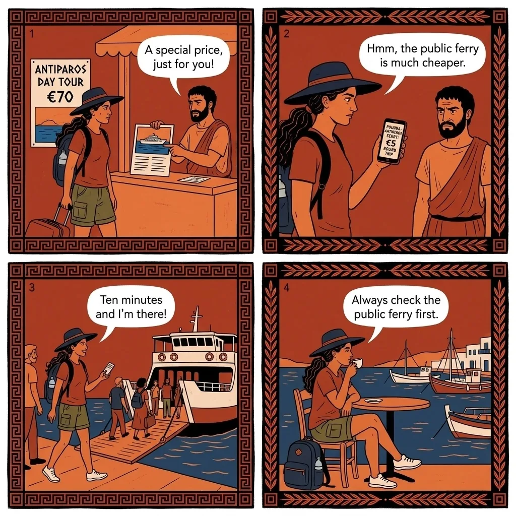 Antiparos Boat Tour & 'Private Yacht' Markup — comic illustration