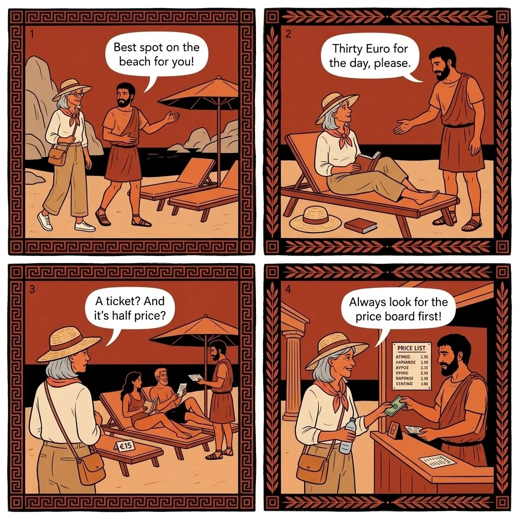 Kolymbithres & Golden Beach Sunbed Pricing Ambiguity — comic illustration
