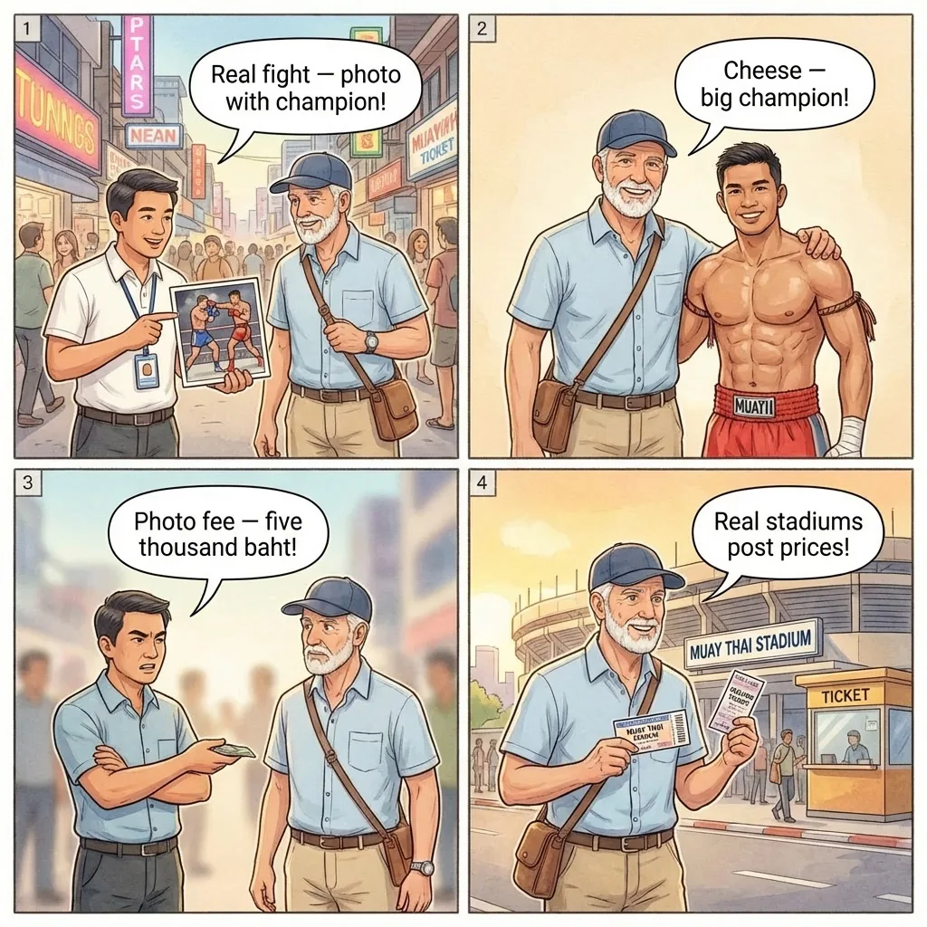 Walking Street Fake Muay Thai Fight & Photo Shakedown — comic illustration
