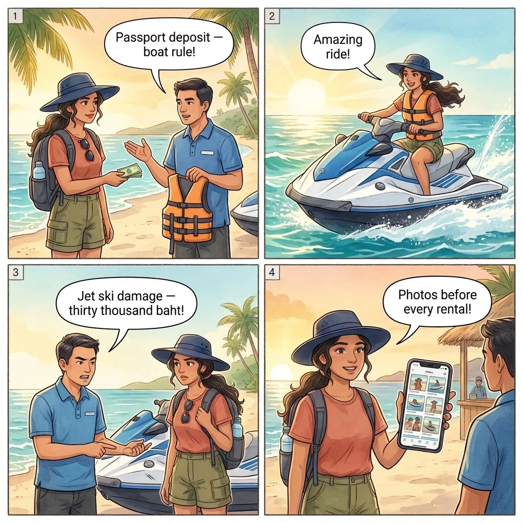 Pattaya Beach Jet Ski Damage Shakedown — comic illustration