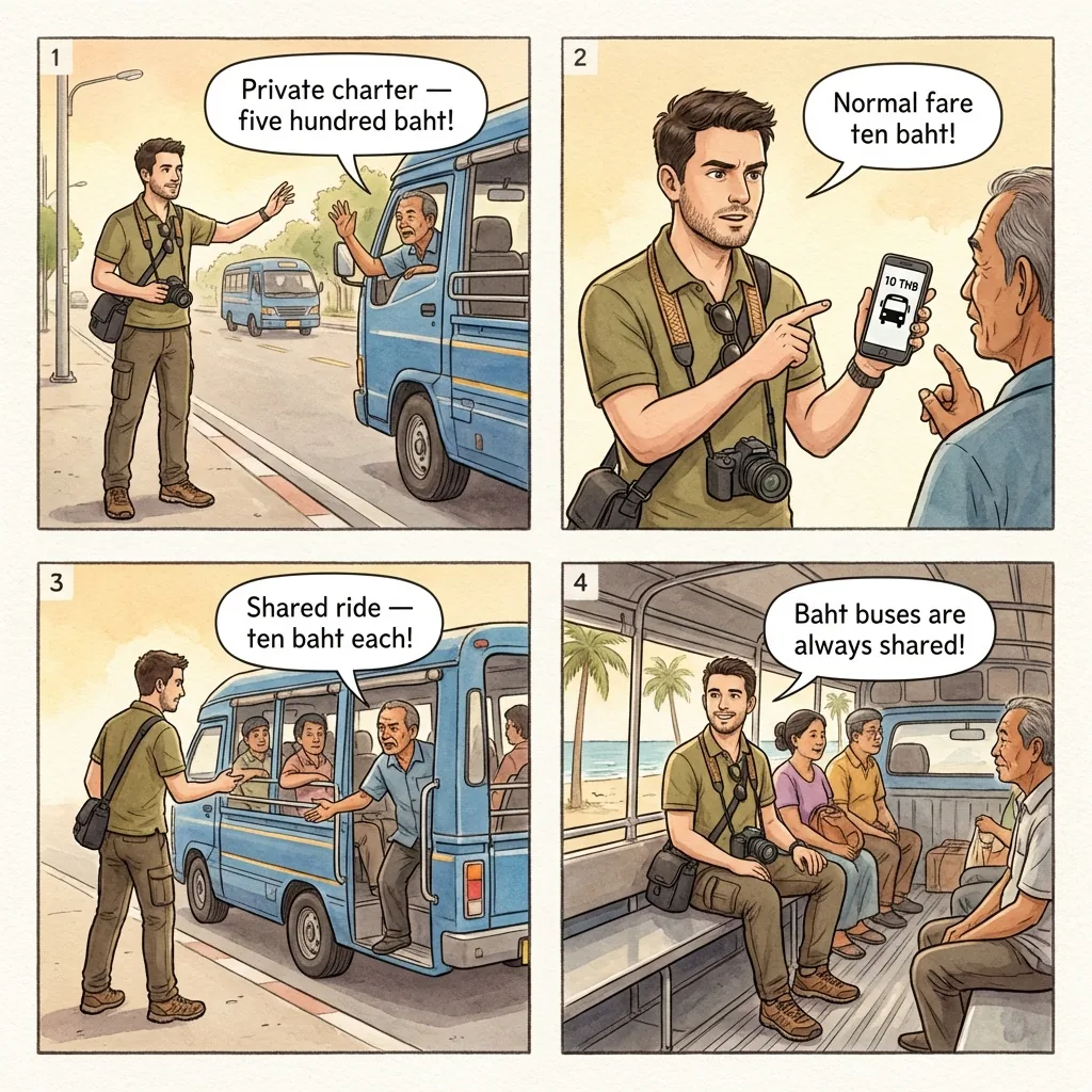 Baht Bus 'Private Charter' Overcharge — comic illustration