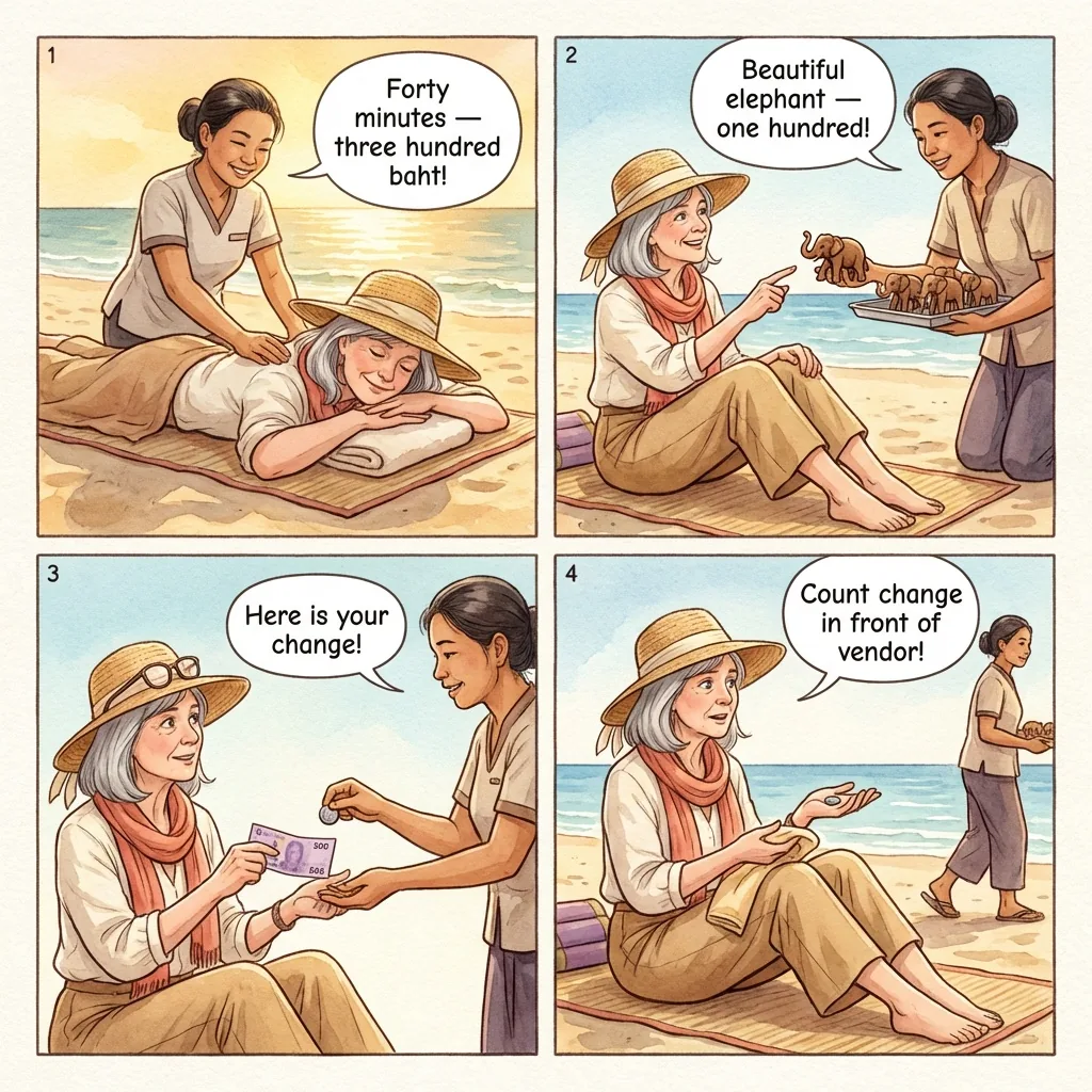 Beach 'Massage & Souvenir' Tout Short-Change — comic illustration