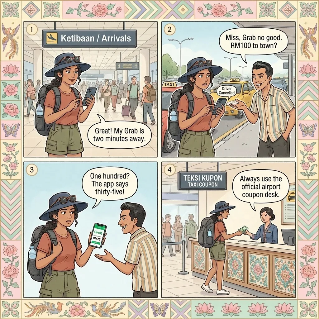 Penang International Airport (PEN) Grab Cancellation & Taxi-Tout Scam — comic illustration