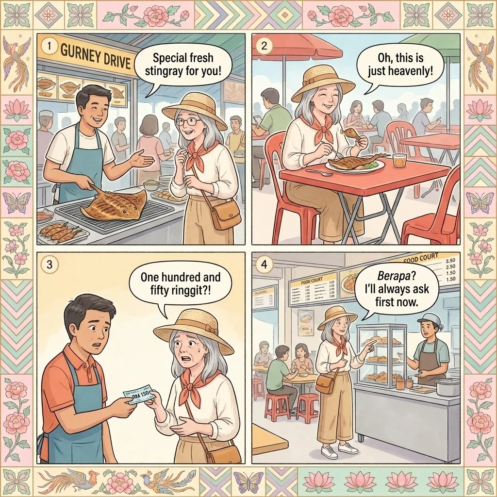 Gurney Drive & New Lane Hawker 'Tourist Price' Overcharge — comic illustration