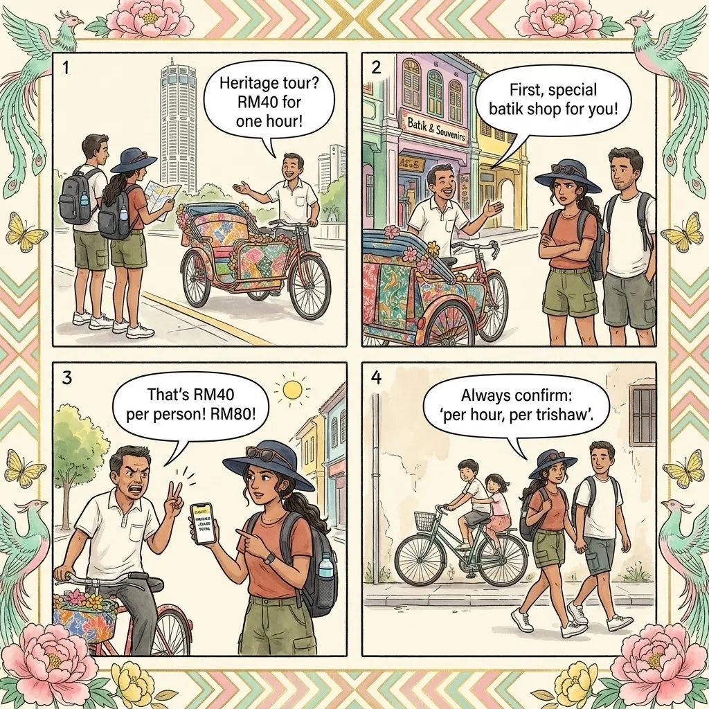 George Town Trishaw Tour Bait-and-Switch & Commission Stops — comic illustration