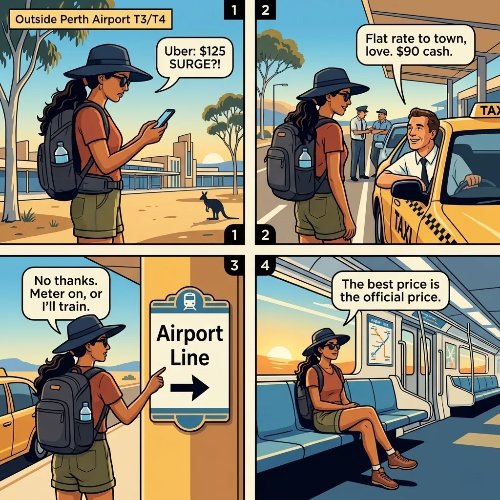 Perth Airport Taxi & Uber 'Fake Surge' Overcharge — comic illustration
