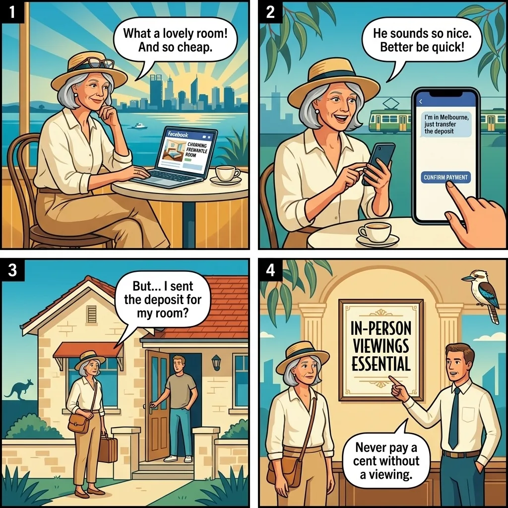 Perth Facebook / Gumtree Fake Rental Scam — comic illustration