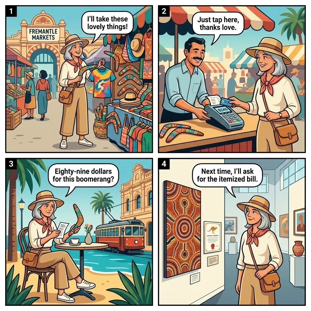 Fremantle Markets & 'Cappuccino Strip' Overcharge — comic illustration