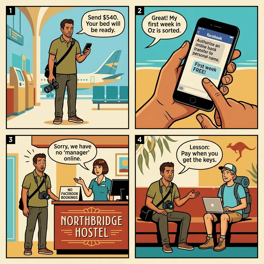 Perth Backpacker Hostel Prepay Scam — comic illustration
