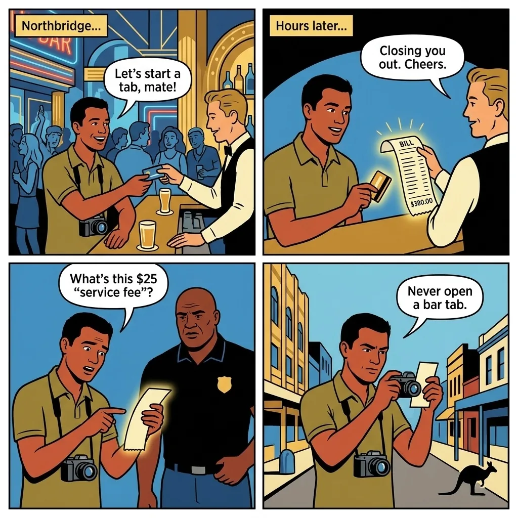 Northbridge Nightlife Tab Inflation & Card Skim — comic illustration