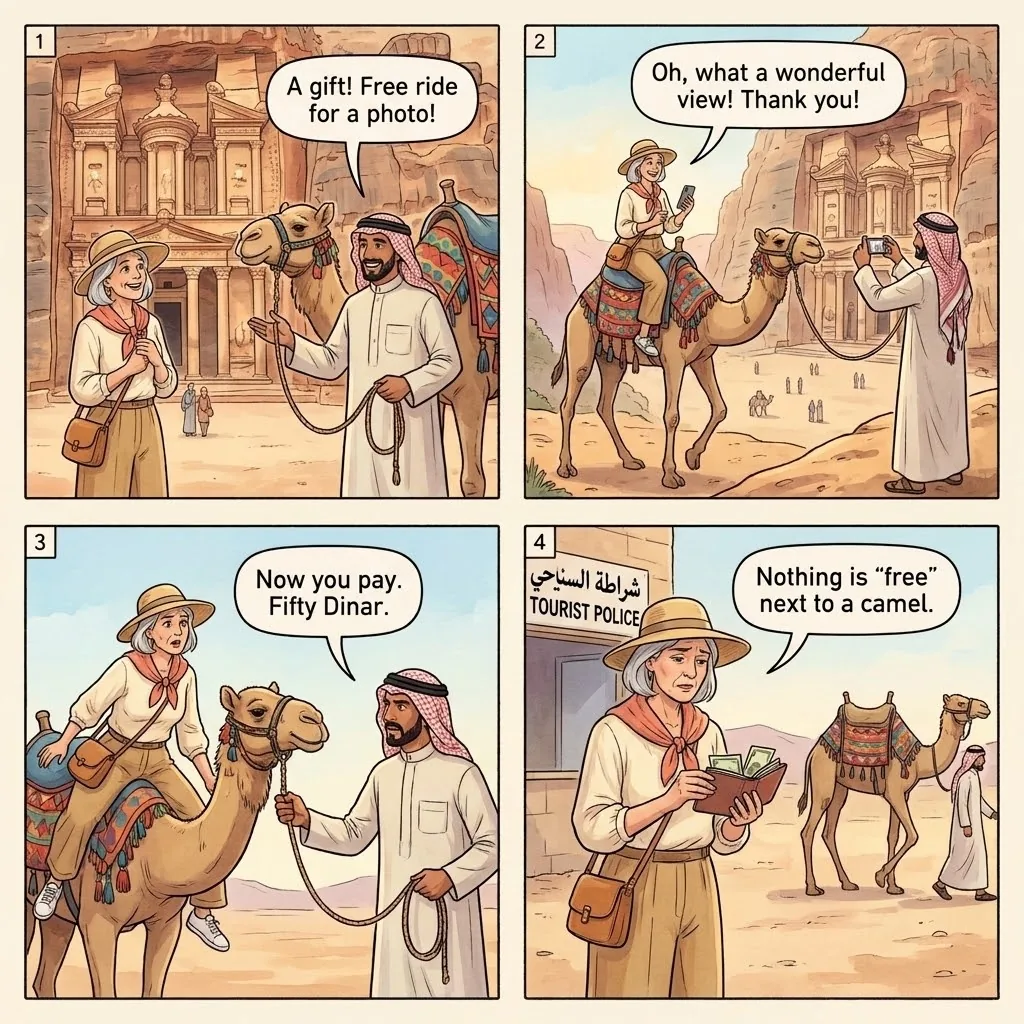 The Petra Bedouin 'Free' Camel-Ride Reveal — comic illustration
