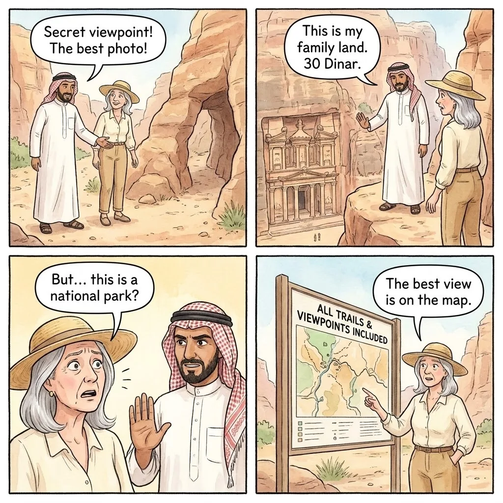 The Petra 'Secret Viewpoint' Access Fee — comic illustration